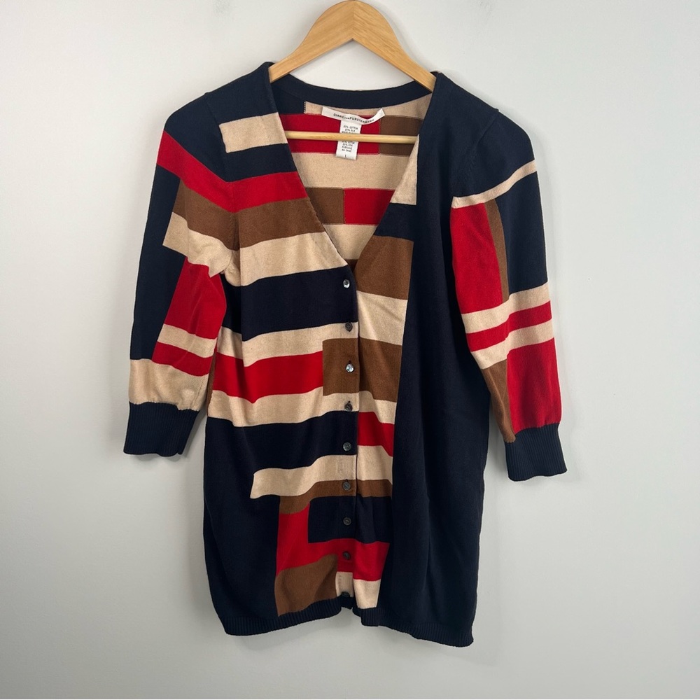 Diane Von Furstenberg Large Sweater Cardigan Colorblock Stripe Retro Knit